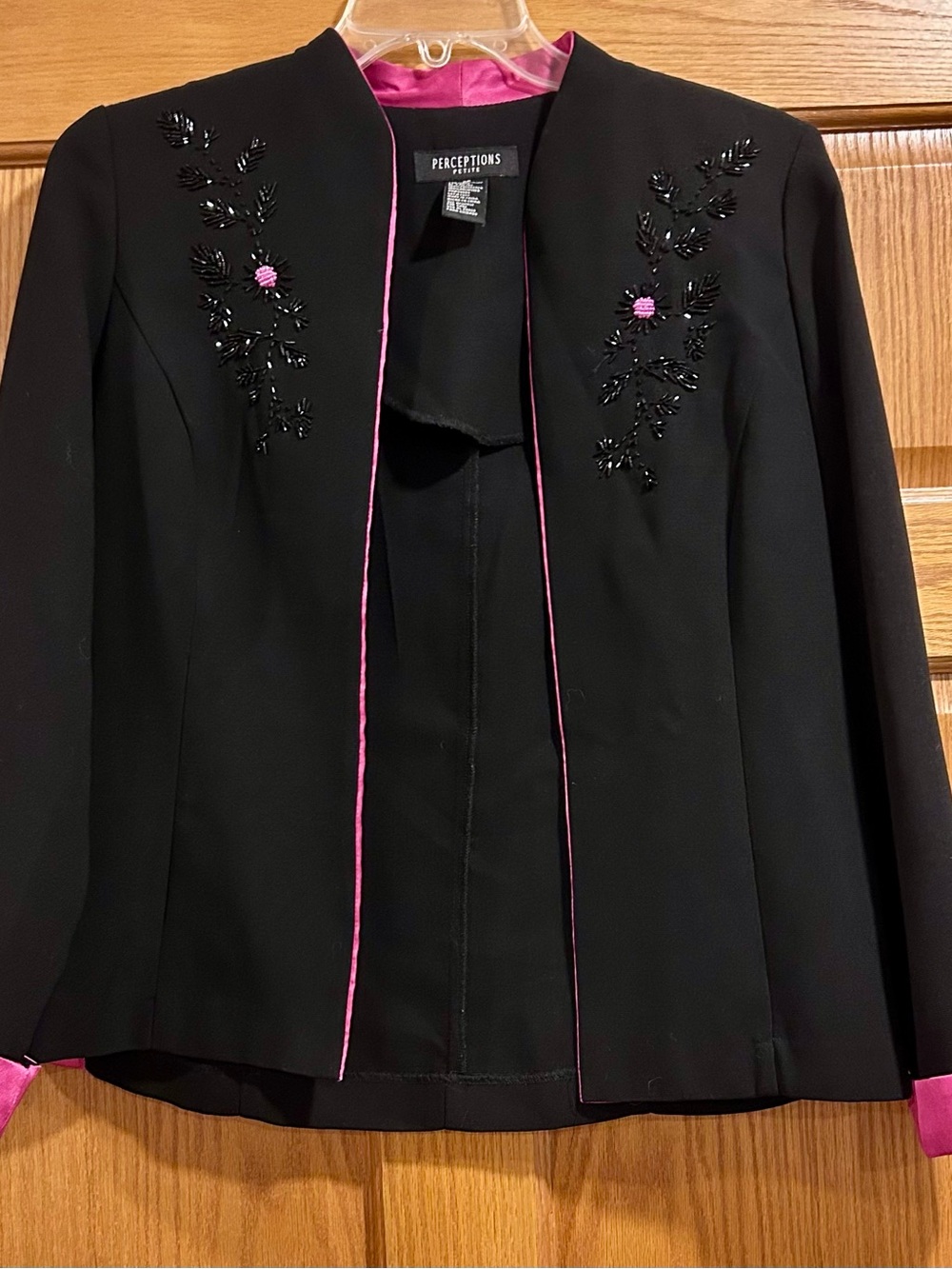 Perceptions Beaded Blazer VTG Black Pink Trim Satin Open Front Jacket 8 Petite